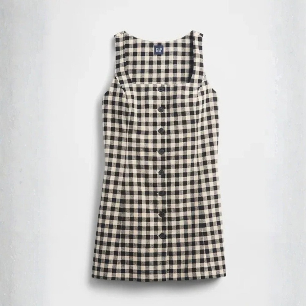 GAP Linen-Blend Button-Front Mini Dress Black Gingham Shift Size Medium - Picture 1 of 9